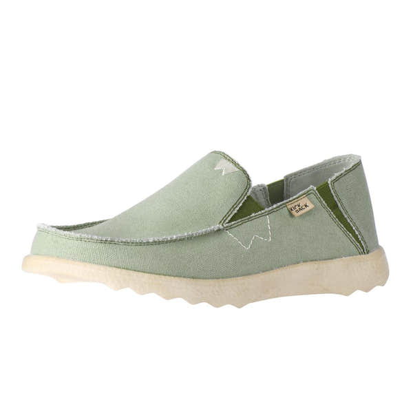 Kickback Couch 2.0 men's wide-fit slip-on loafers in green canvas with arch support and textured rubber sole.