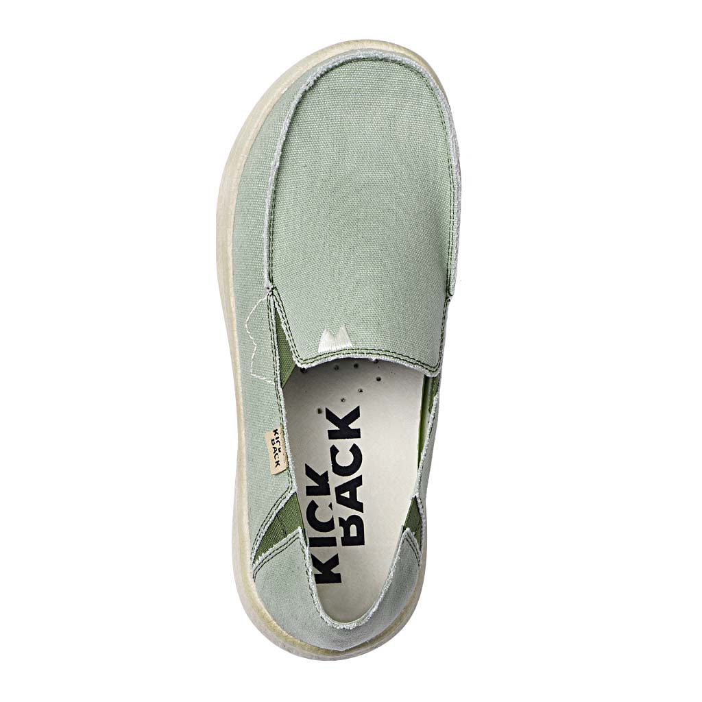 Kickback Couch 2.0 men's wide fit slip-on loafers in mid green canvas with arch support and textile construction.