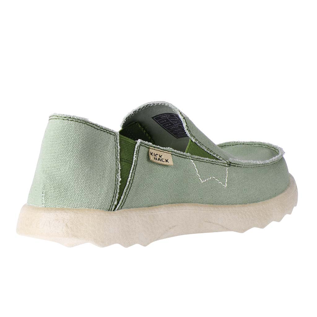 Kickback Couch 2.0 men's wide-fit slip-on loafers in mid green canvas with arch support and beige rubber sole.