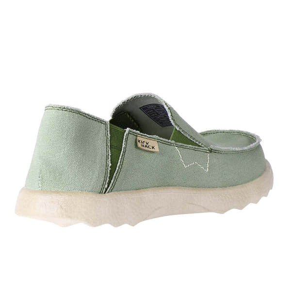 Kickback Couch 2.0 men's wide-fit slip-on loafers in mid green canvas with arch support and beige rubber sole.