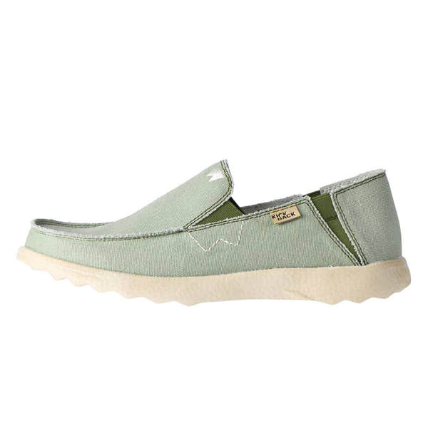 Kickback Couch 2.0 men's wide-fit slip-on loafers in green canvas with arch support and textured rubber sole.