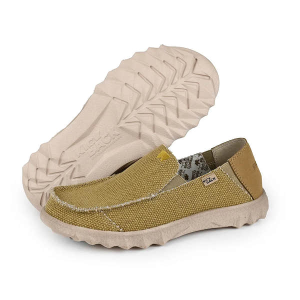 Kickback Couch Classic Vibe woven canvas men's mustard slip-on loafers with textured textile upper and rugged rubber sole.