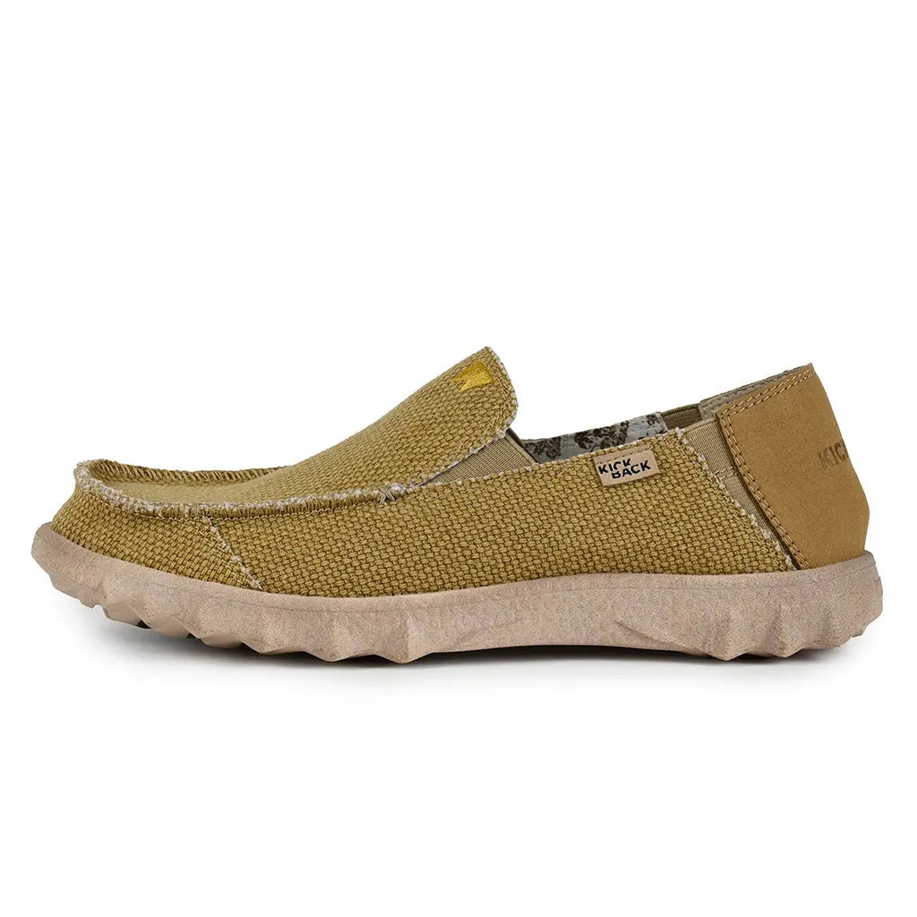 Kickback Couch Classic Vibe woven canvas men's slip-on loafers in mustard Textile with cushioned beige sole.