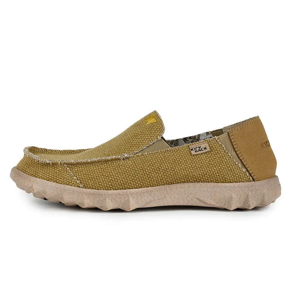 Kickback Couch Classic Vibe woven canvas men's slip-on loafers in mustard Textile with cushioned beige sole.