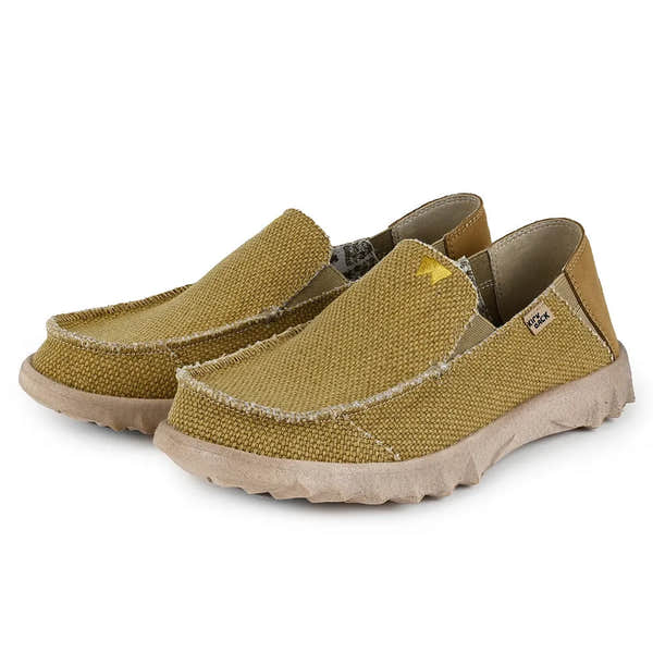 Kickback Couch Classic Vibe woven canvas men's mustard slip-on loafers with beige outsole and leather accents.