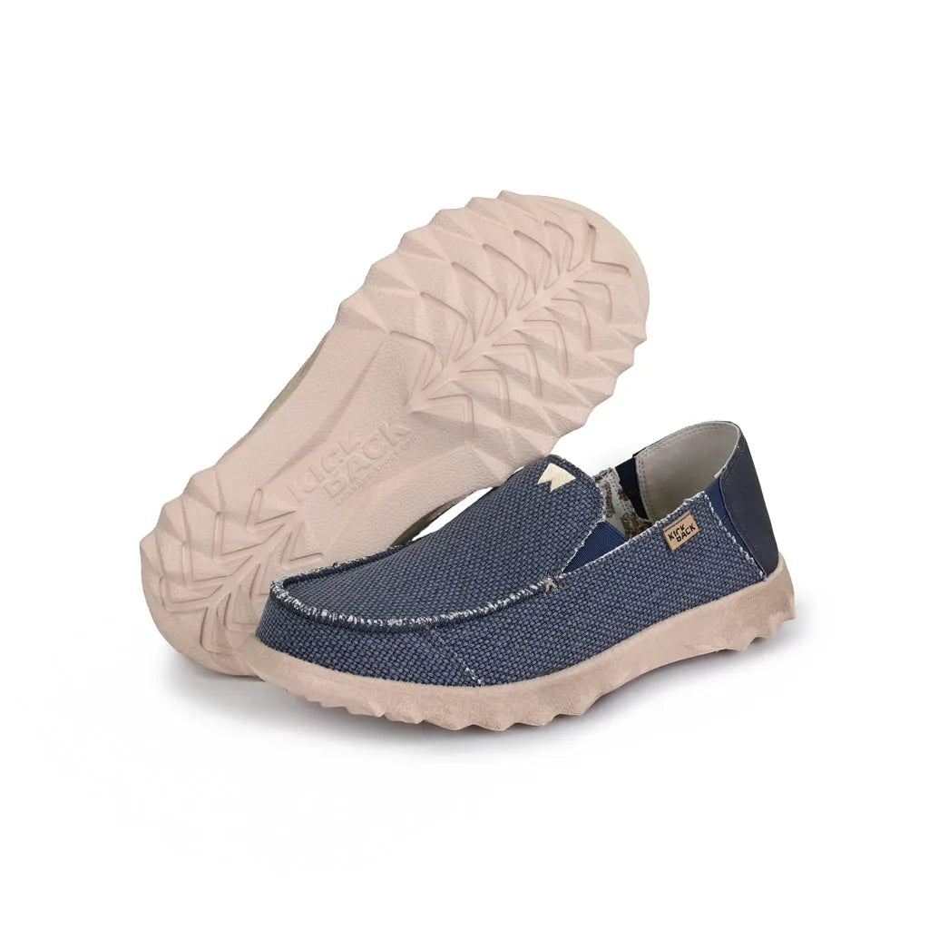 Kickback Couch Classic Vibe woven navy canvas slip-on men's loafers with textured rubber soles.