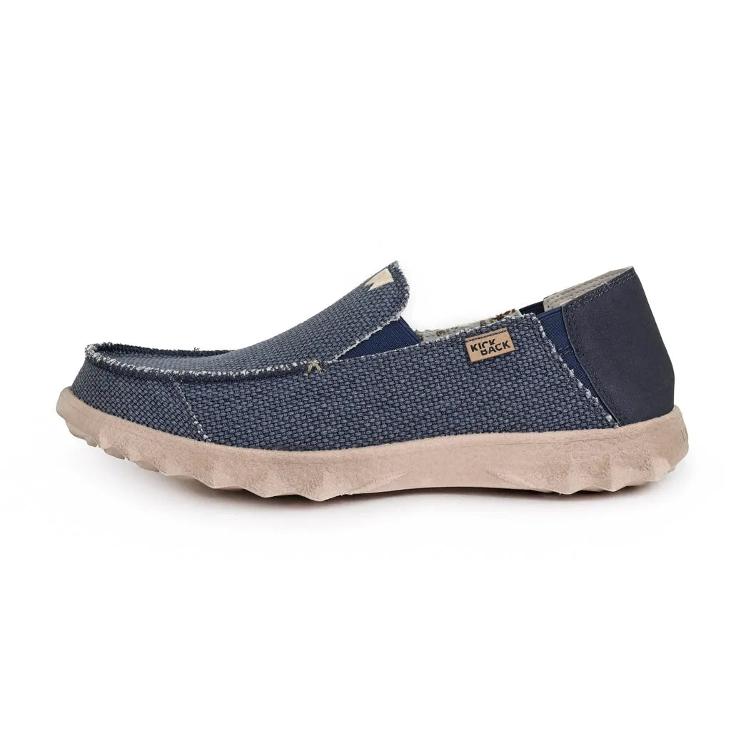 Kickback Couch Classic Vibe men's navy woven canvas slip-on loafers with beige rubber sole.