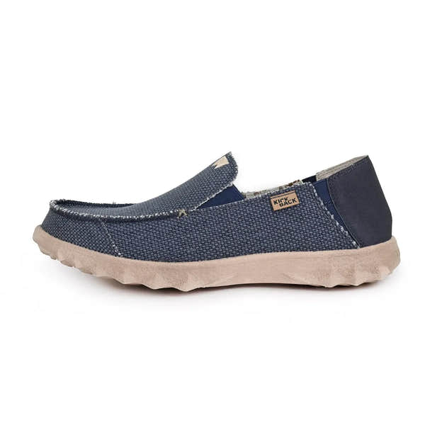 Kickback Couch Classic Vibe men's navy woven canvas slip-on loafers with beige rubber sole.
