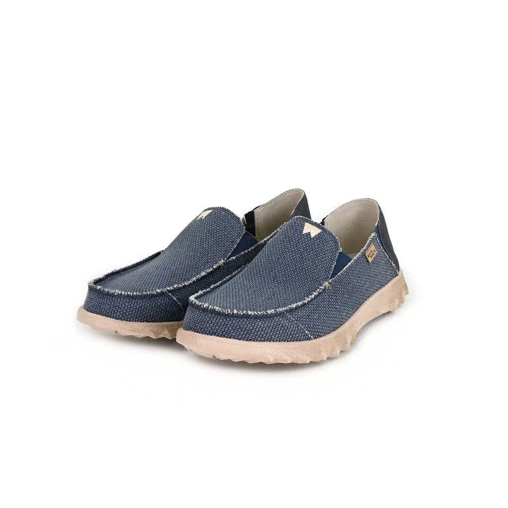 Kickback Couch Classic Vibe woven canvas men's slip-on loafers in navy with beige sole and textured textile finish.