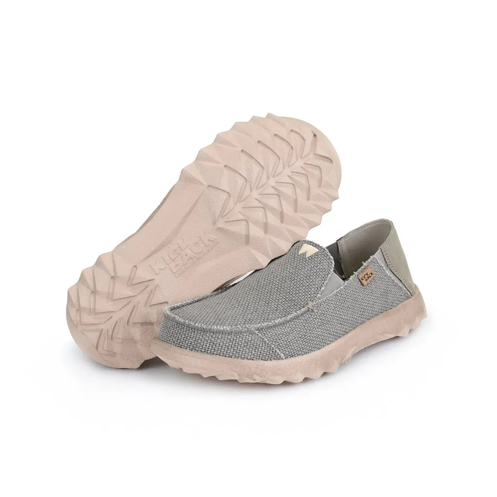 Kickback Couch Classic Vibe Woven Canvas Mens Grey Slip-On Loafers with textured textile upper and rugged rubber sole.