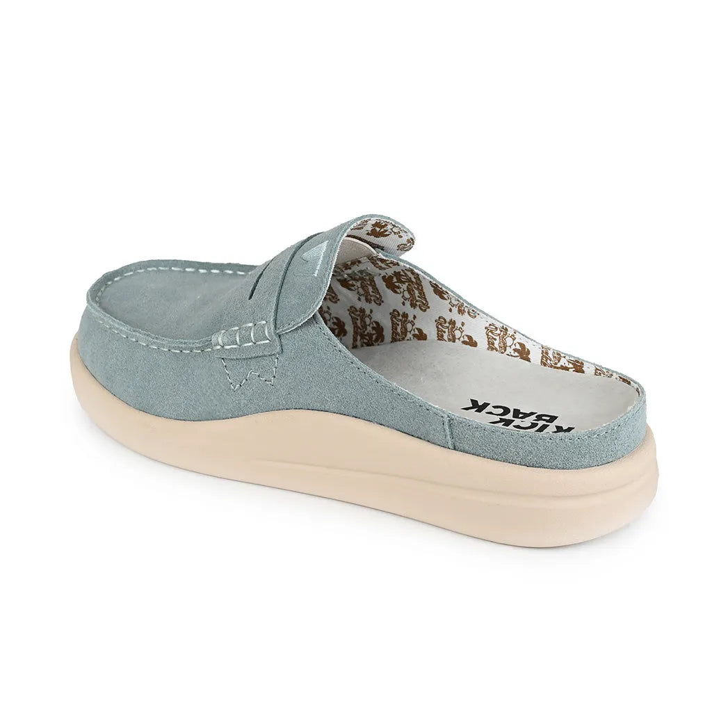 Kickback Frenchy women's moonstone blue suede slip-on mule with cushioned insole and indoor-outdoor sole.