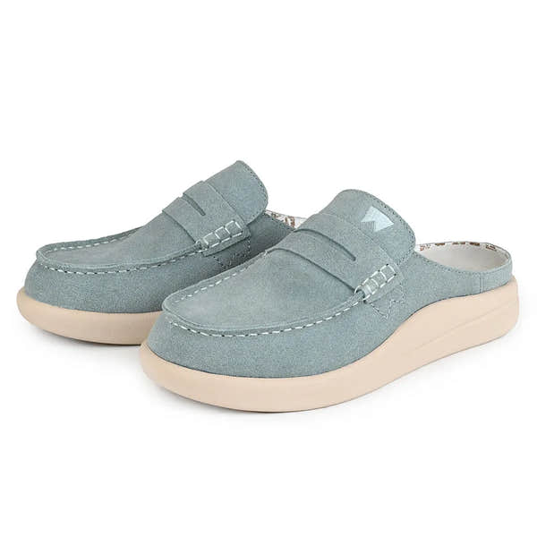 Kickback Frenchy Ladies Moonstone Blue Suede Slip-On Mules with beige sole, stylish casual footwear for women.
