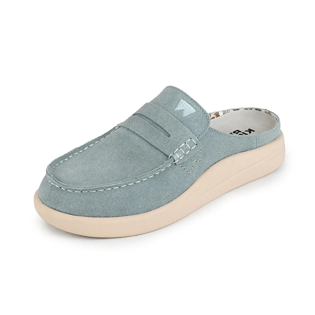 Kickback Frenchy Ladies Moonstone Blue Suede Slip-On Mules with cushioned sole and casual slip-on design.