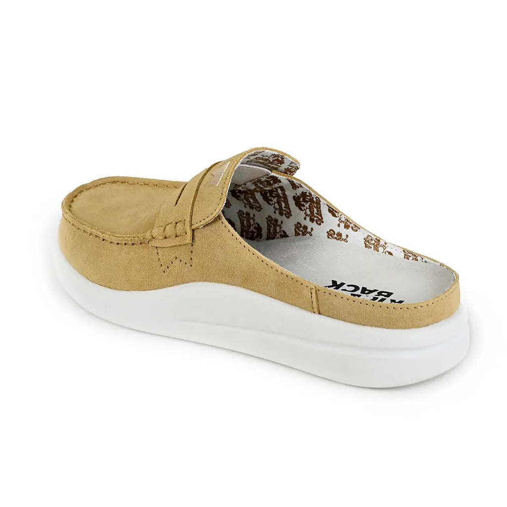 Kickback Frenchy Ladies Pale Yellow Suede Slip-On Mules with White Platform Soles, comfortable casual footwear.