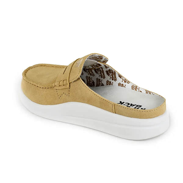 Kickback Frenchy Ladies Pale Yellow Suede Slip-On Mules with White Platform Soles, comfortable casual footwear.