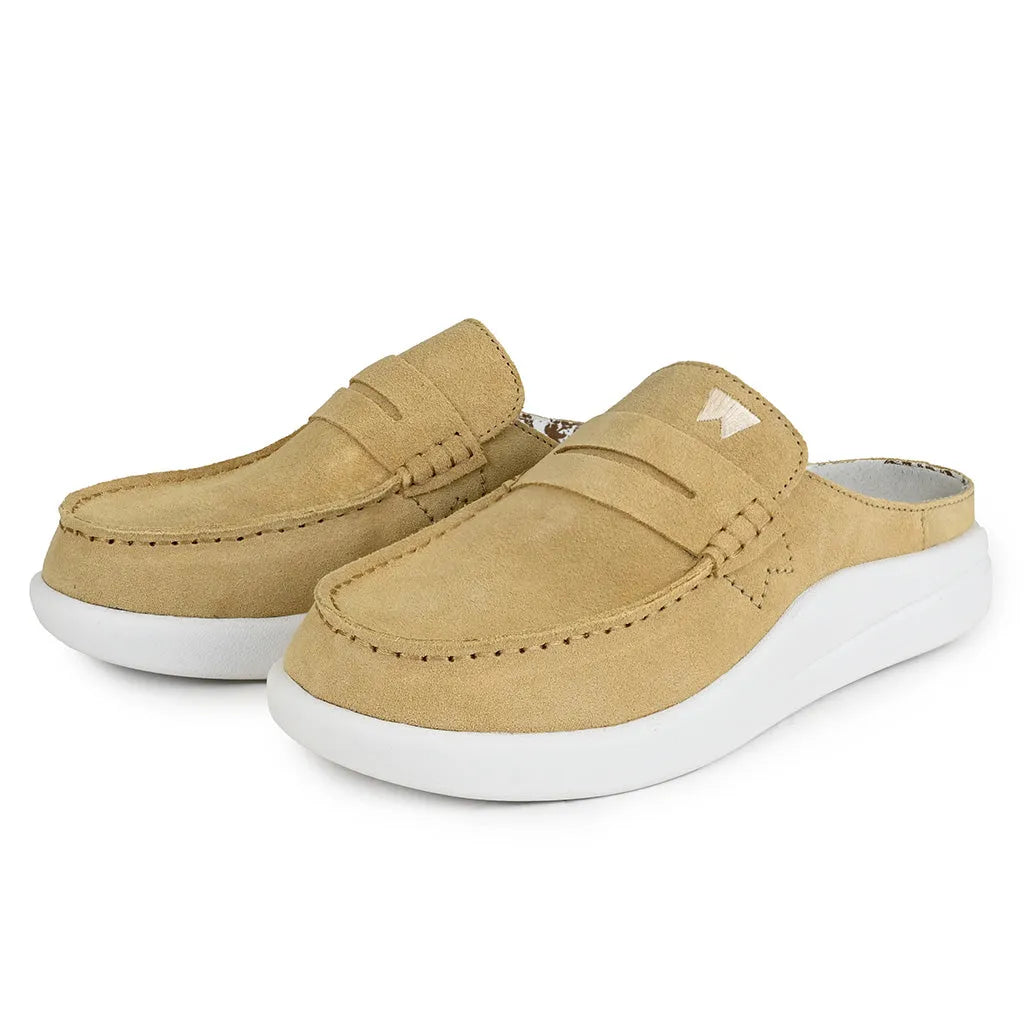 Kickback Frenchy Ladies Pale Yellow Suede Slip-On Mules with white chunky soles. Comfortable, stylish slip-on shoes for women.