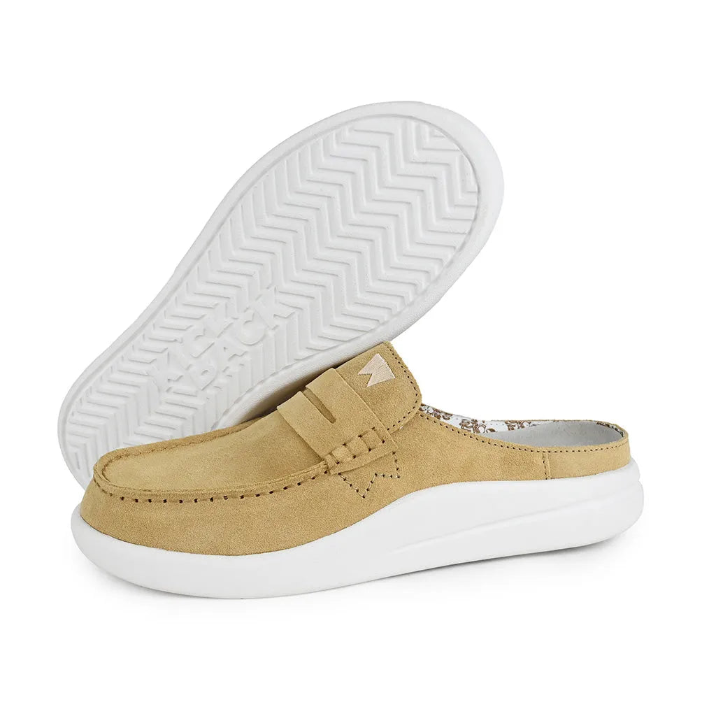Kickback Frenchy Ladies Pale Yellow Suede Slip-On Mules with white soles, slip-on style, and casual design for women.