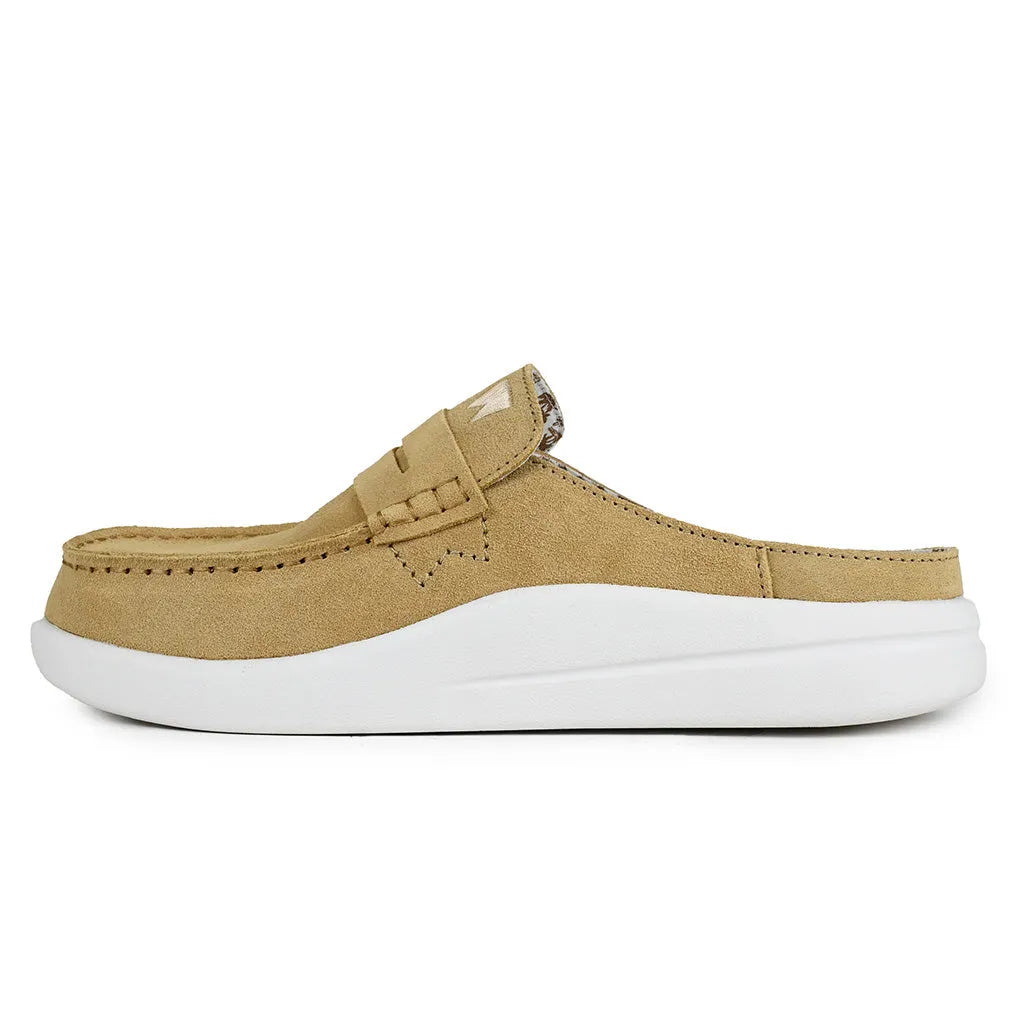 Kickback Frenchy Ladies Pale Yellow Suede Slip-On Mules with white sole and casual loafer style.