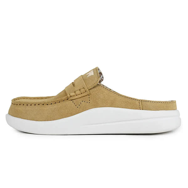 Kickback Frenchy Ladies Pale Yellow Suede Slip-On Mules with white sole and casual loafer style.