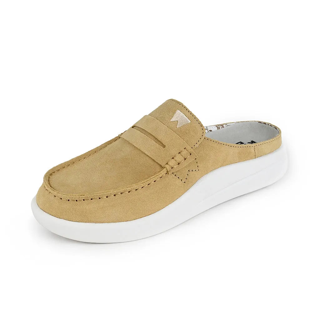 Kickback Frenchy Ladies Pale Yellow Suede Slip-On Mules with white sole, casual slip-on design, stylish and comfortable footwear.