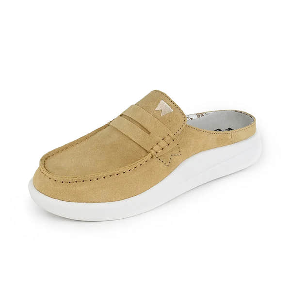 Kickback Frenchy Ladies Pale Yellow Suede Slip-On Mules with white sole, casual slip-on design, stylish and comfortable footwear.