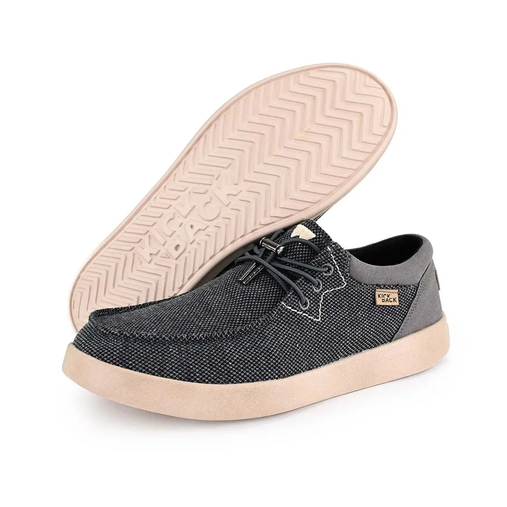 Kickback Haven men's mesh loafers in charcoal/black with elasticated textile upper and lightweight beige sole.