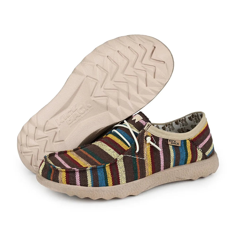 Kickback Lounger Canvas Allsorts men's slip-on loafers with wide colorful stripe textile design, cushioned sole, and casual style.