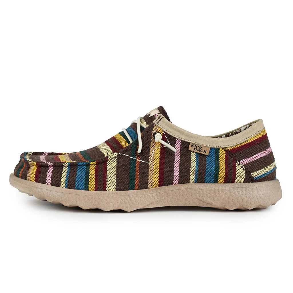 Kickback Lounger Canvas Allsorts men's wide stripe textile slip-on loafers with beige sole and multicolor striped pattern.