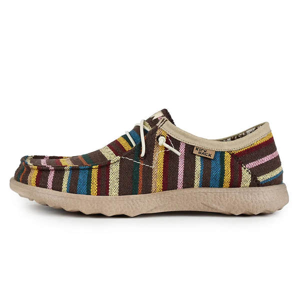 Kickback Lounger Canvas Allsorts men's wide stripe textile slip-on loafers with beige sole and multicolor striped pattern.