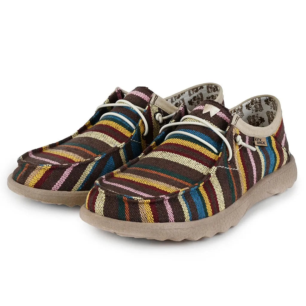 Kickback Lounger Canvas Allsorts men's wide stripe textile slip-on loafers with cushioned beige sole, colorful striped pattern, and casual design.