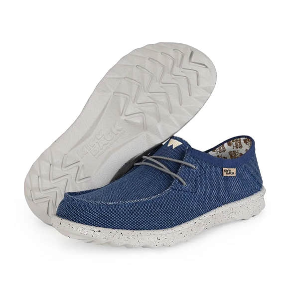 Kickback Lounger woven blue canvas men's slip-on loafers with a white speckled foam sole, casual breathable for summer wear.