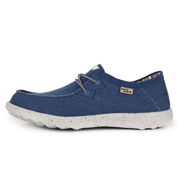 Kickback Lounger woven canvas men's slip-on loafers in blue with a speckled whitetraction sole.