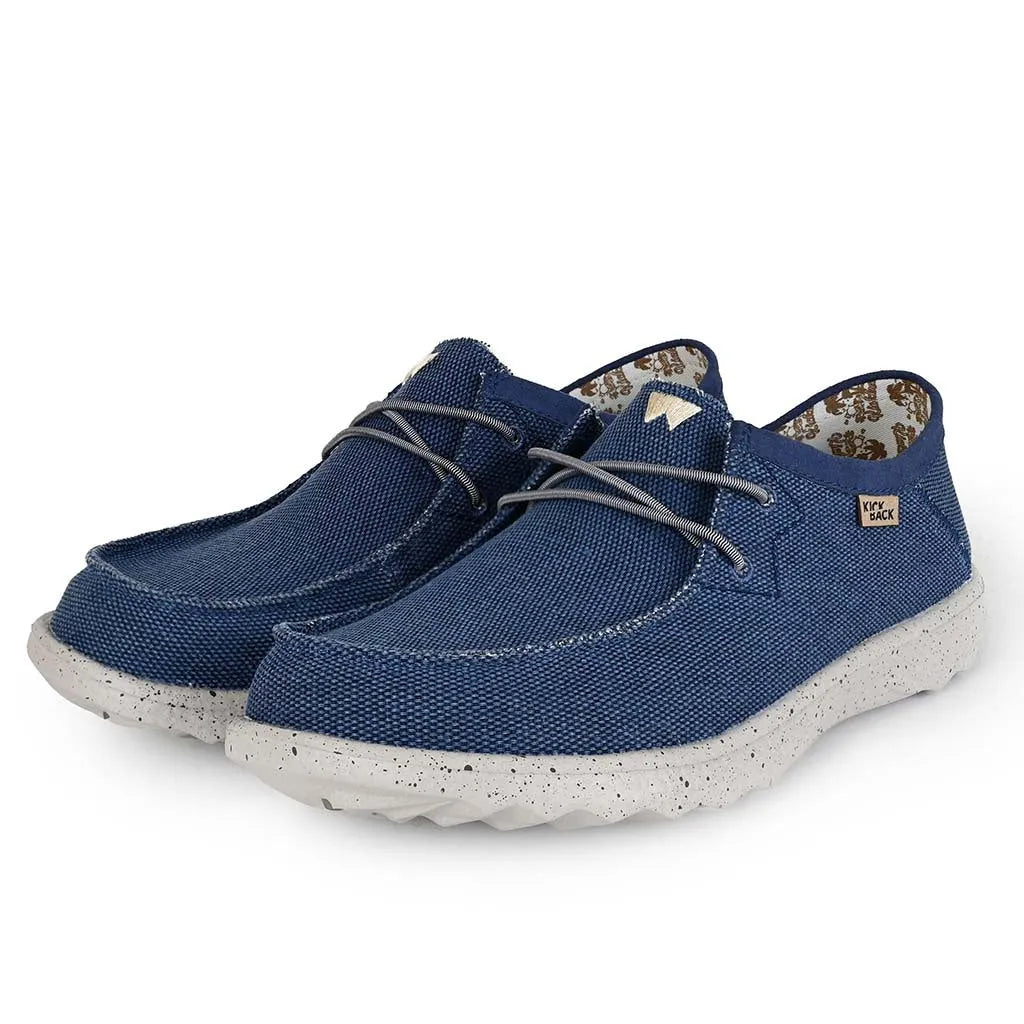 Men's blue woven canvas slip-on loafers with a speckled white sole and elastic laces, perfect for casual summer wear.