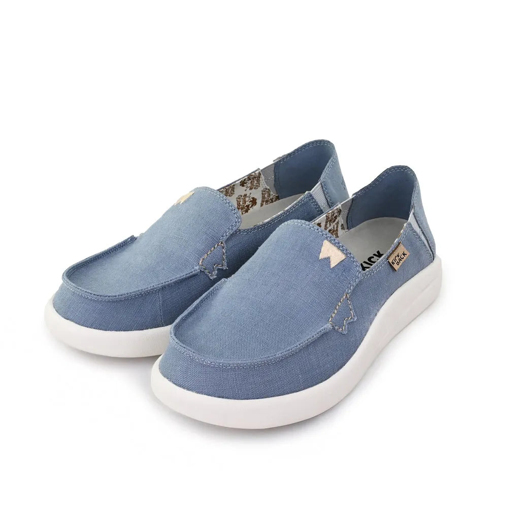 Kickback Rizzo Linen ladies' blue slip-on loafers with white sole, lightweight textile material, and casual comfort design.