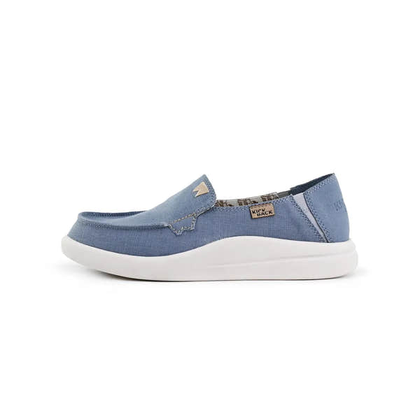 Kickback Rizzo Linen women's slip-on loafers in blue with white sole, textile upper, casual slip-on design, lightweight and comfortable.