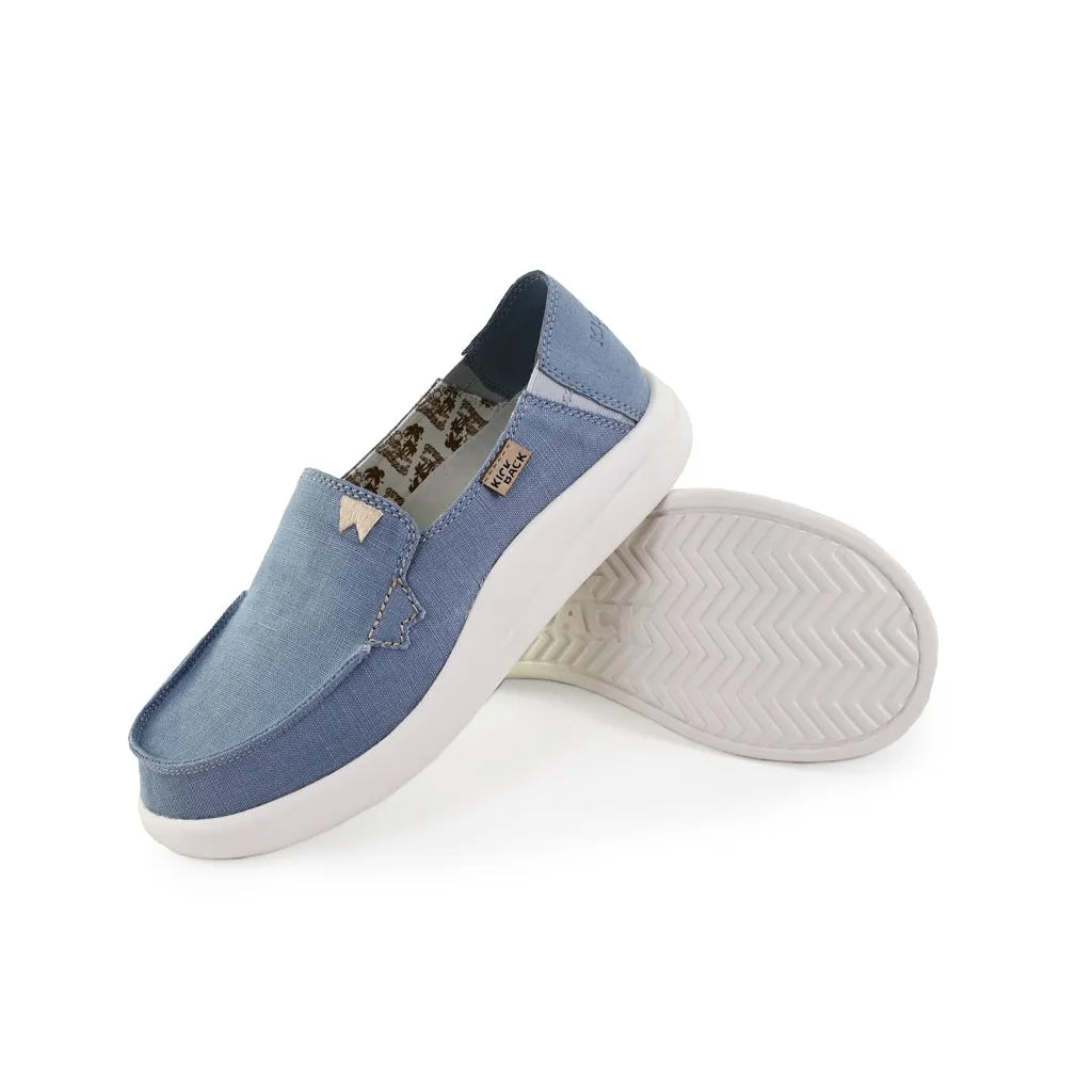 Kickback Rizzo Linen Ladies Blue Textile Slip-On Loafers with white rubber sole and casual design.