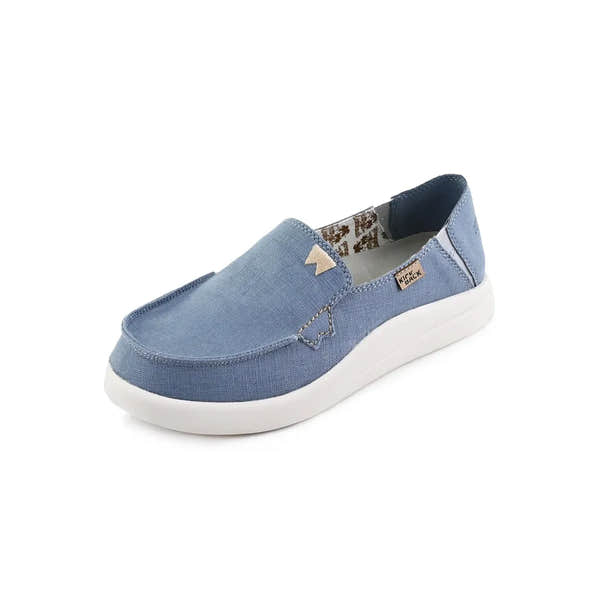 Kickback Rizzo Linen Ladies Blue Slip-On Loafers with comfortable textile upper and white rubber sole.