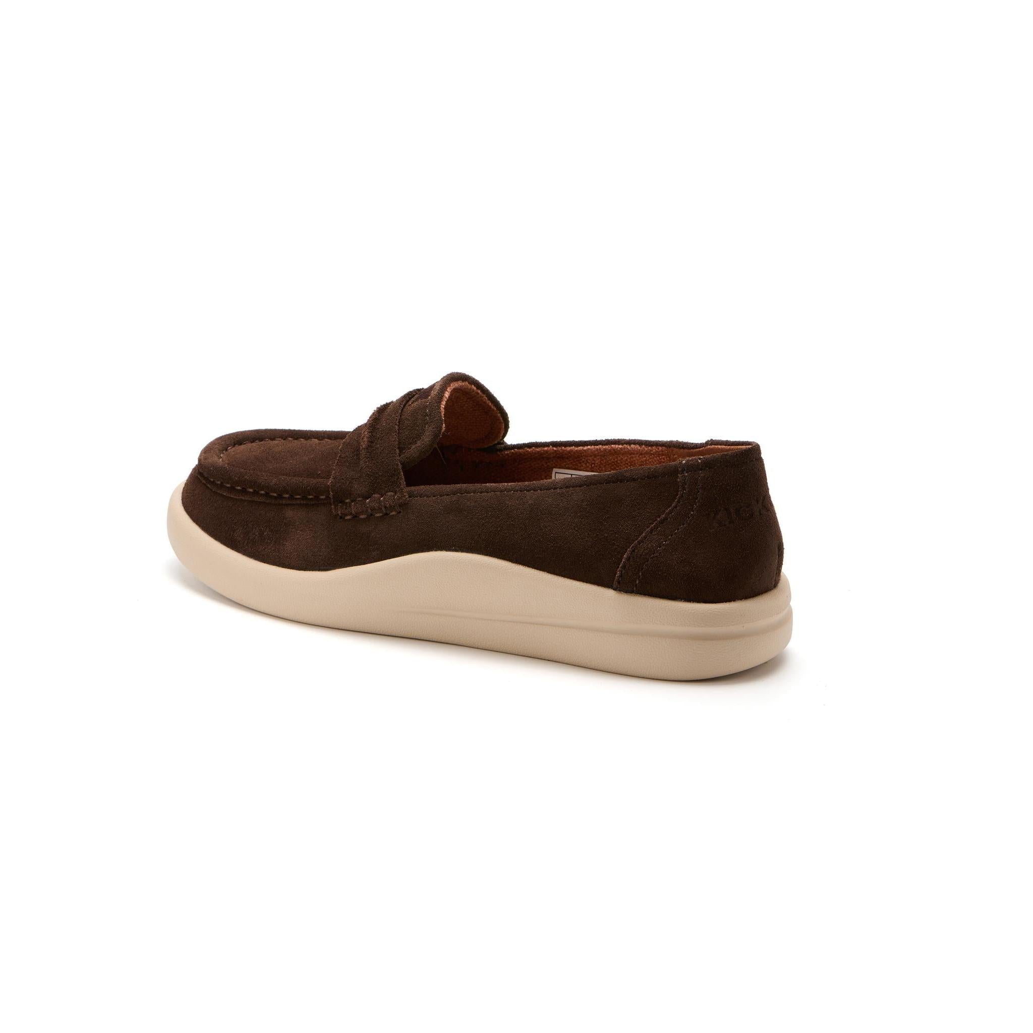 Kickback Vivian women's chocolate suede slip-on loafers, rear angle.