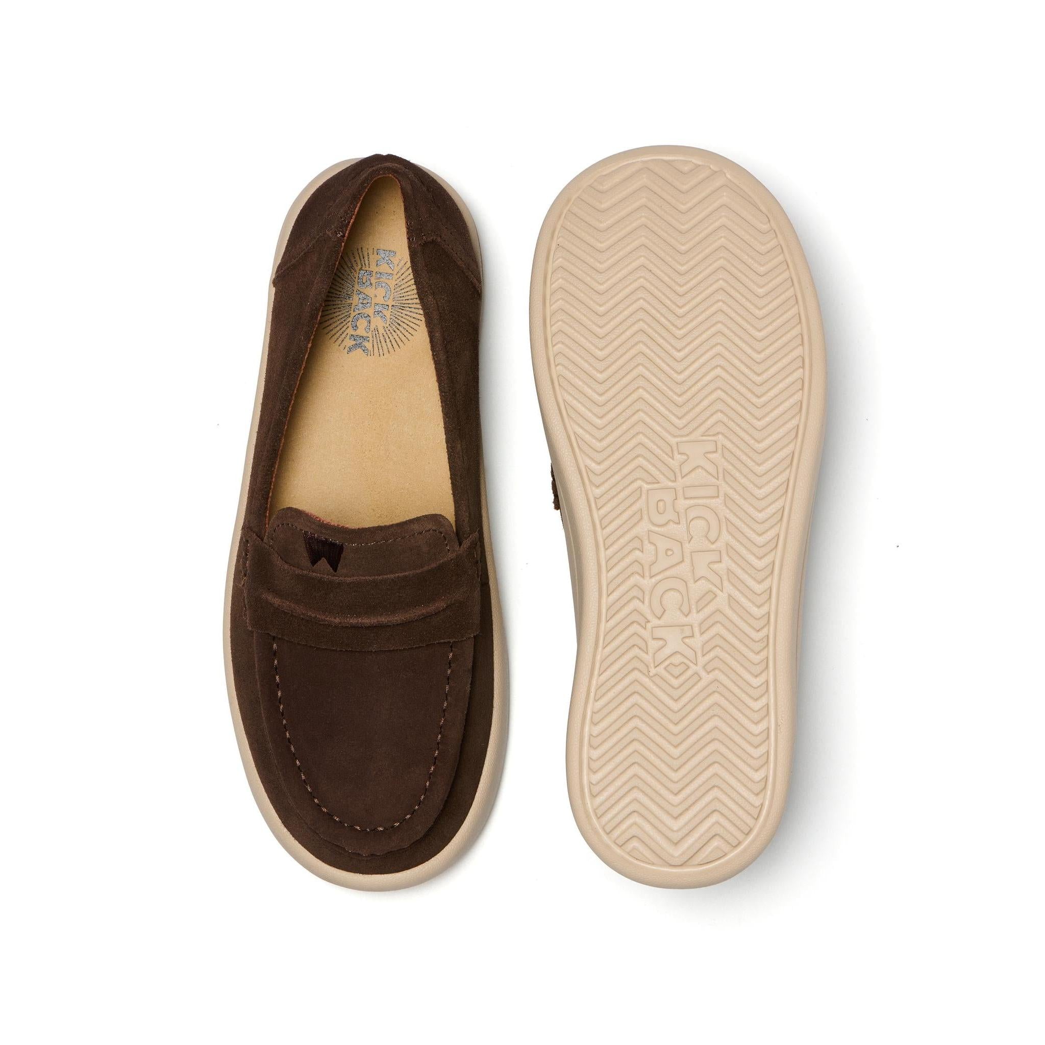 Kickback Vivian women's chocolate suede slip-on loafer, top and sole view.