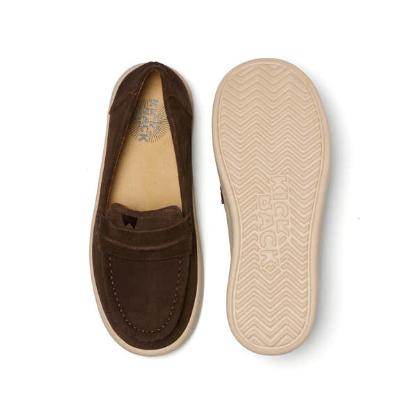 Kickback Vivian women's chocolate suede slip-on loafer, top and sole view.