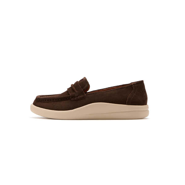 Kickback Vivian women's chocolate suede slip-on loafer, side view.