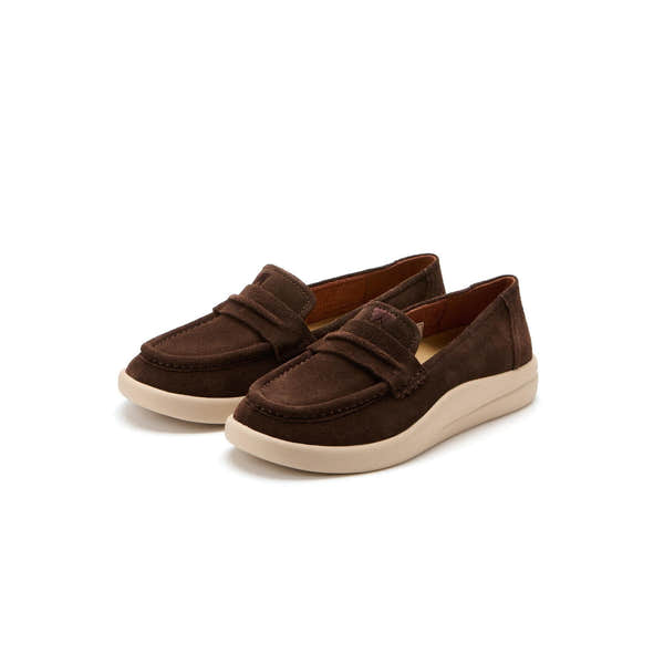 Kickback Vivian women's chocolate suede slip-on loafers, pair view.