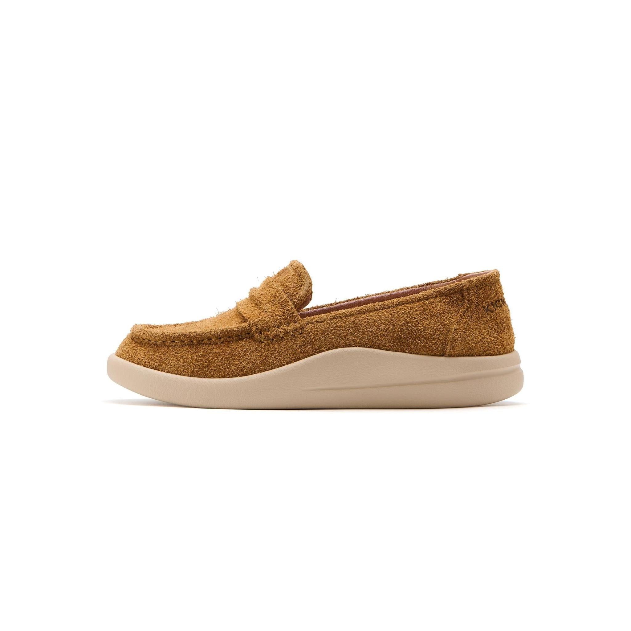 Kickback Vivian women's tan hairy suede slip-on loafer, side view.