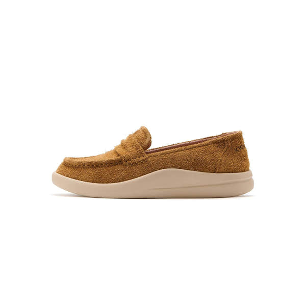 Kickback Vivian women's tan hairy suede slip-on loafer, side view.