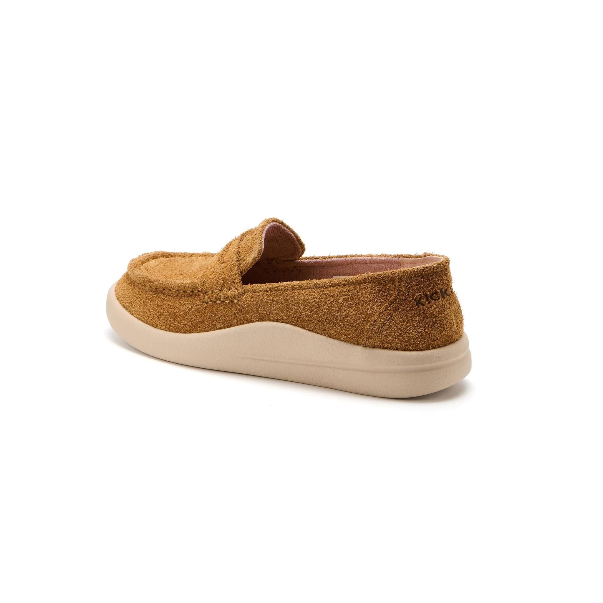 Kickback Vivian women's tan hairy suede slip-on loafers, rear angle.