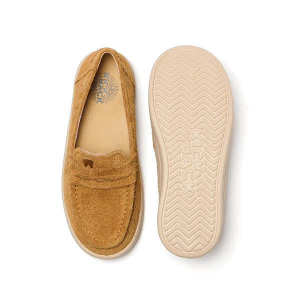 Kickback Vivian women's tan hairy suede slip-on loafer, top and sole view.