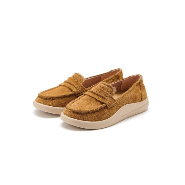 Kickback Vivian women's tan hairy suede slip-on loafers, pair view.