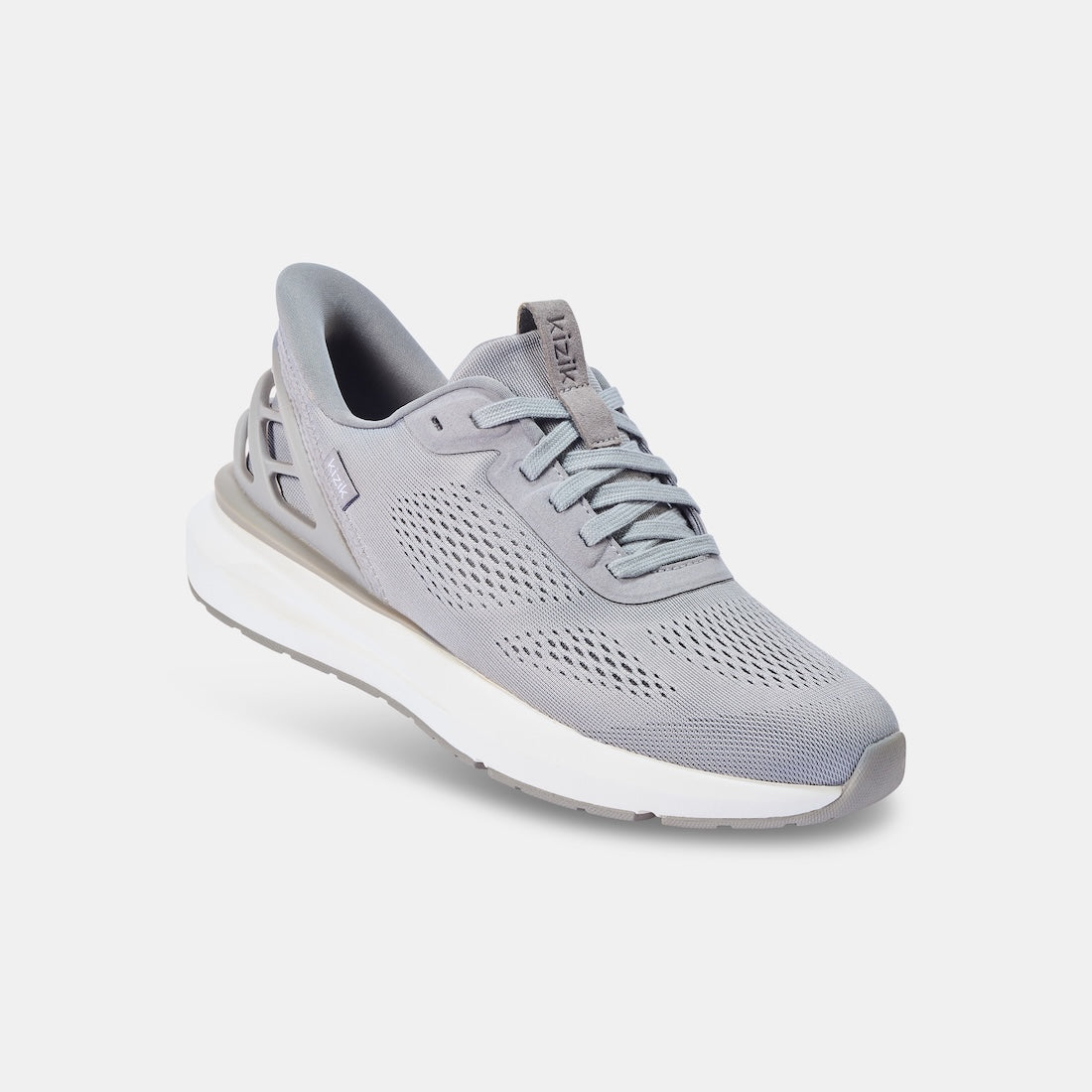 Kizik Athens 2.0 men's slip-on trainers with alloy leather, breathable mesh upper, arch support, white and gray color.