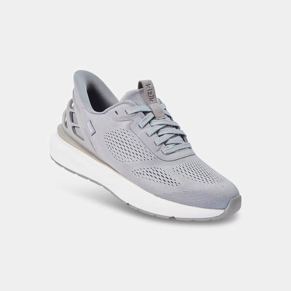 Kizik Athens 2.0 men's slip-on trainers with alloy leather, breathable mesh upper, arch support, white and gray color.