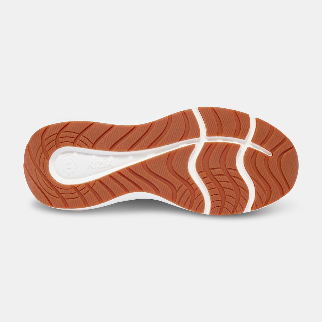 Shoe sole of Kizik Athens 2.0 men's navy leather slip-on trainers with arch support and rugged orange rubber outsole.